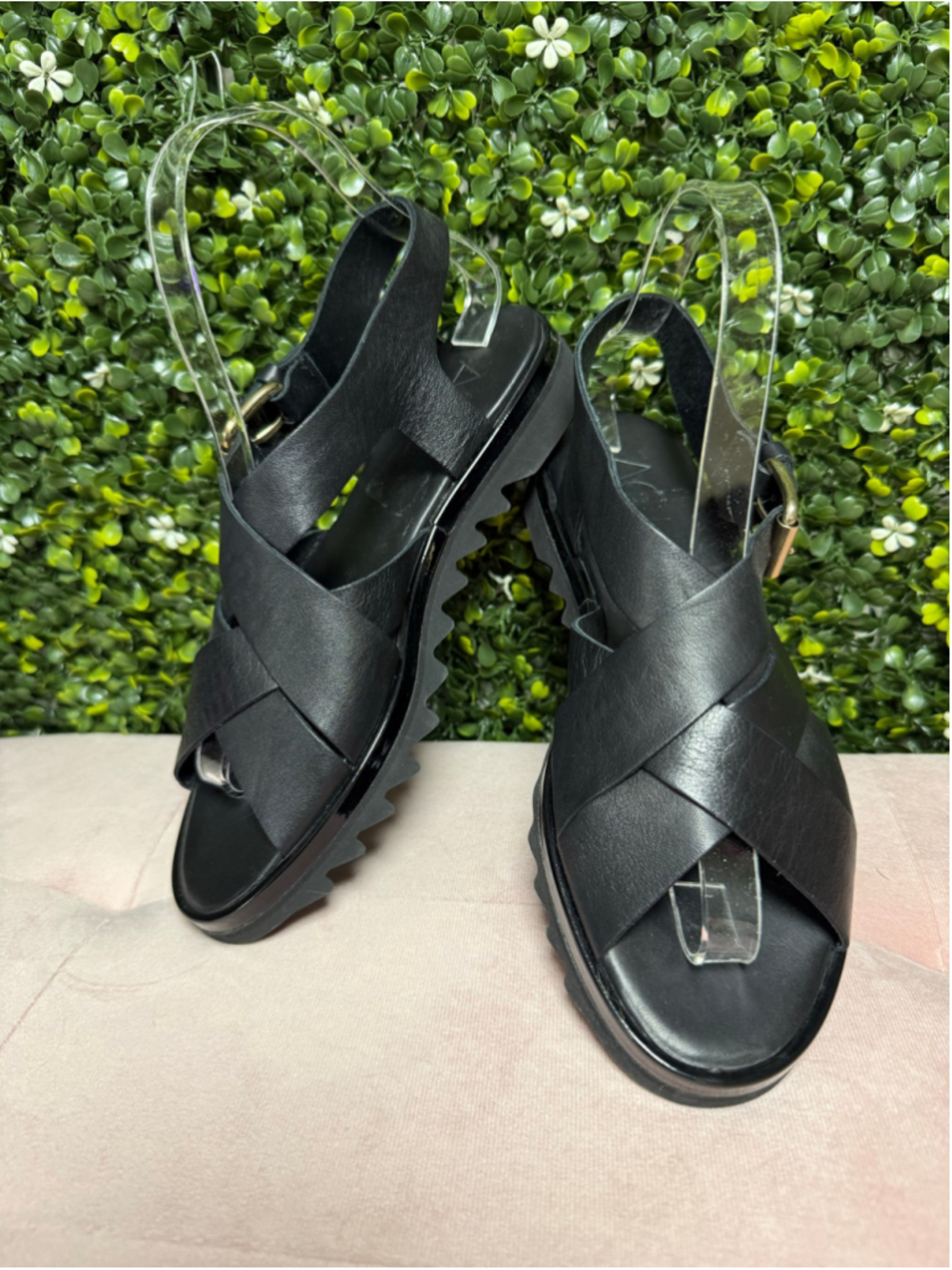 AGL Black Leather Crisscross Platform Lug Sole Sandals Womens 36.5 Italy